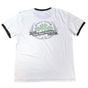Vintage Lucky Brand Dungarees Clover Logo Ringer T-Shirt Sz XL White Graphic USA